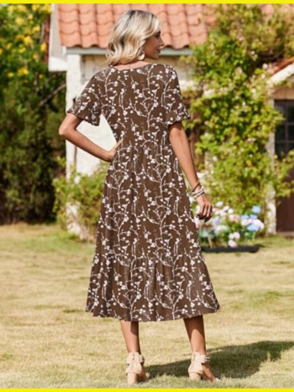 Flowy Midi Sundress Boho Tiered Ruffle Sleeve Casual Summer A-Line Dress - Picture 2 of 7